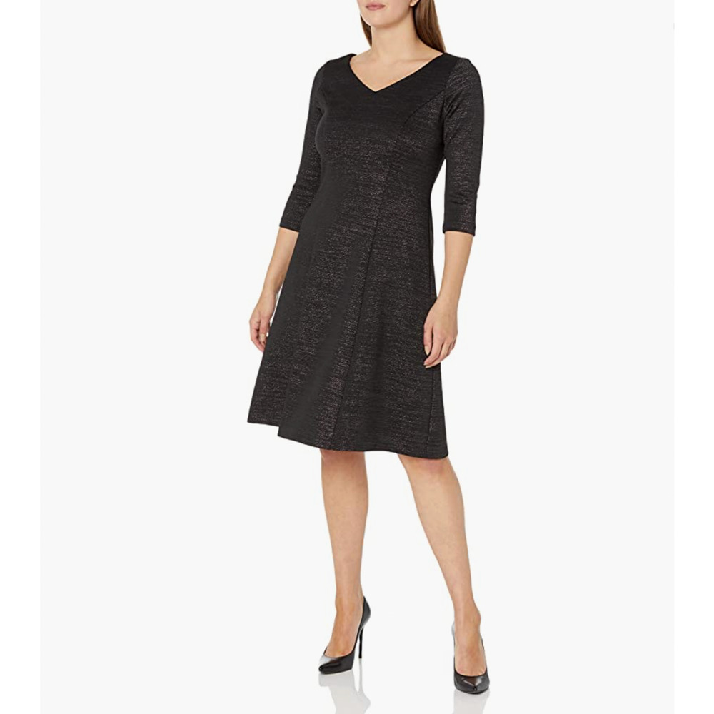 SLNY Size 6 Short Sleeve Tea Length Fit and Flare Dress Black Metallic